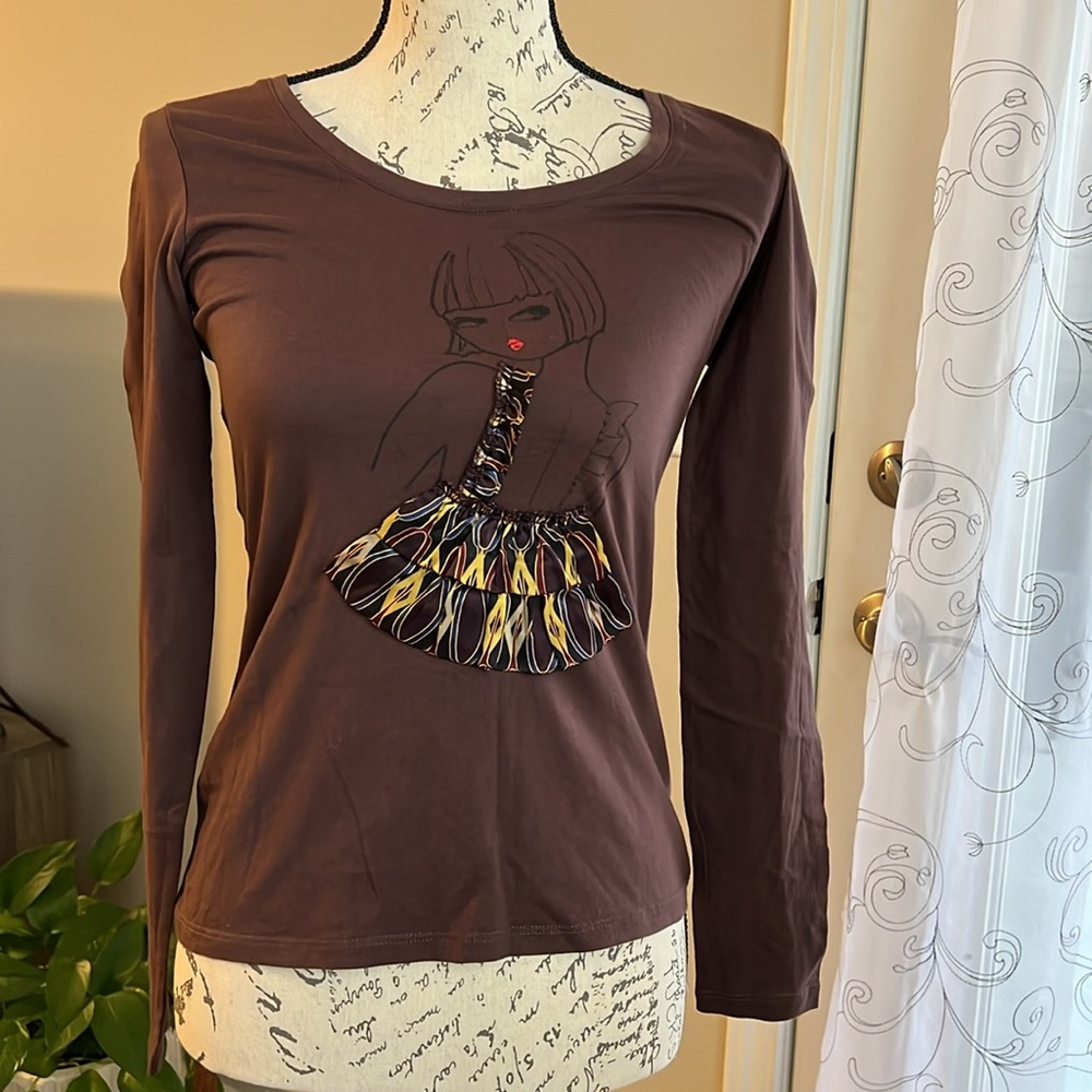 Manoukian Long Sleeve Multi Media Tee Shirt Brown Size Small Feminine